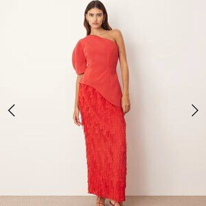 ARRANGE sculptural one shoulder textured hybrid maxi dress in red